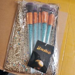 7Pcs blue glitter handle makeup brushes with cosmetic glitter bag