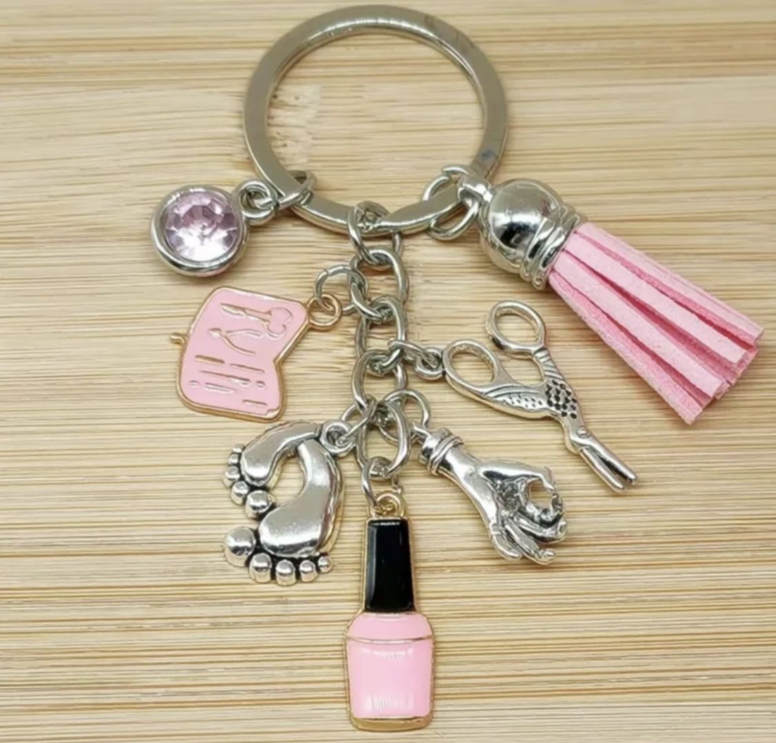 Brand New Nail Artist Technician Keychain Pink Tassel