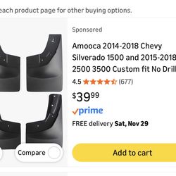 Chevy Silverado 1500 and 2015-2018 2 Custom fit No Drill Mud Flaps Mud Guards Flare Splash Guards Kits Molded 4 Piece Set NOT for GMC Sierra