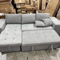 Sectional Sofa with Pull-Out Sleeper Sofa Bed, Reversible Sectional Sofa with Storage Chaise and 2 Stools, L Shaped Couch Set for Living Room Apartmen