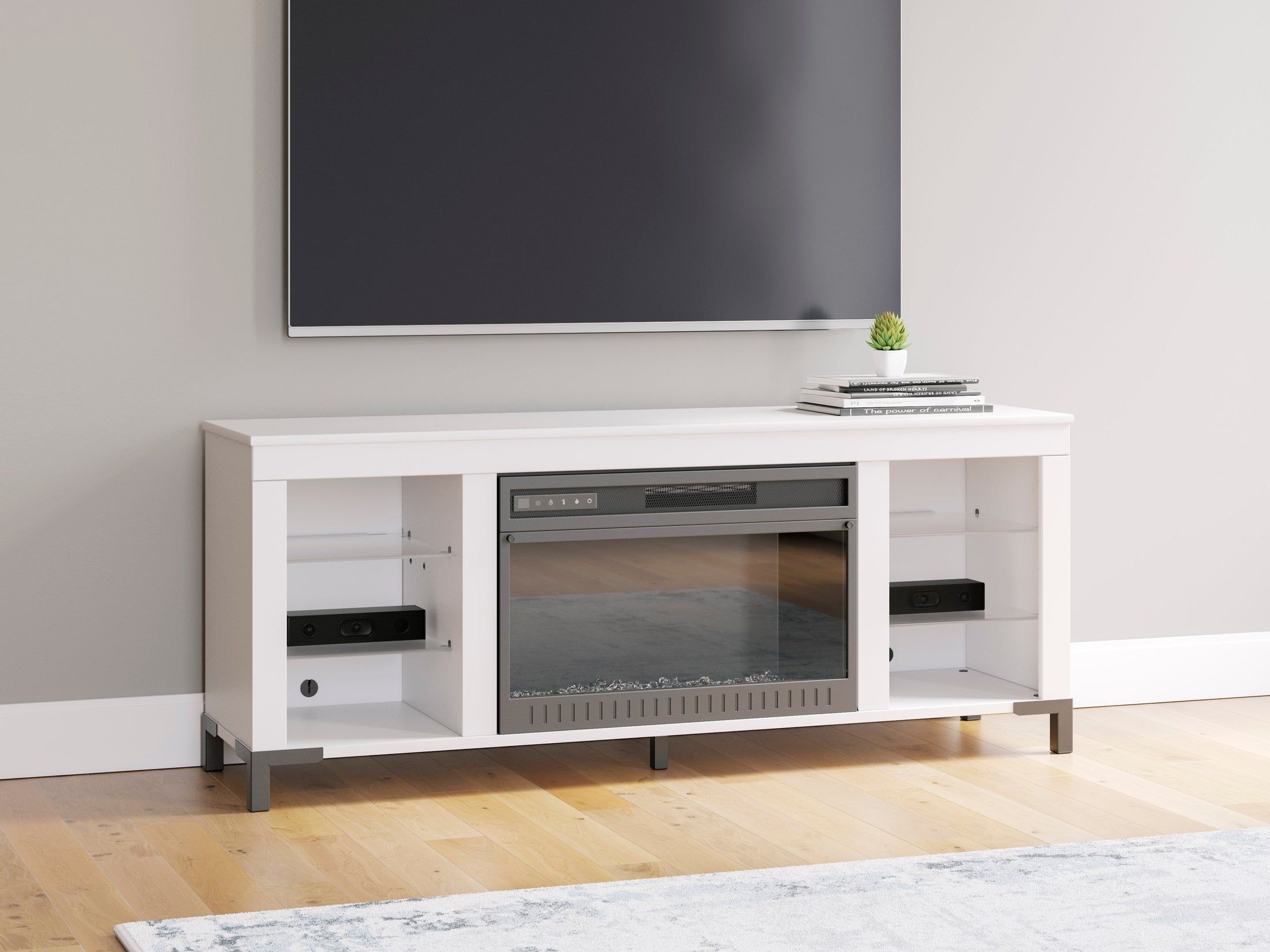Brollevi White TV Stand with built-in Fireplace