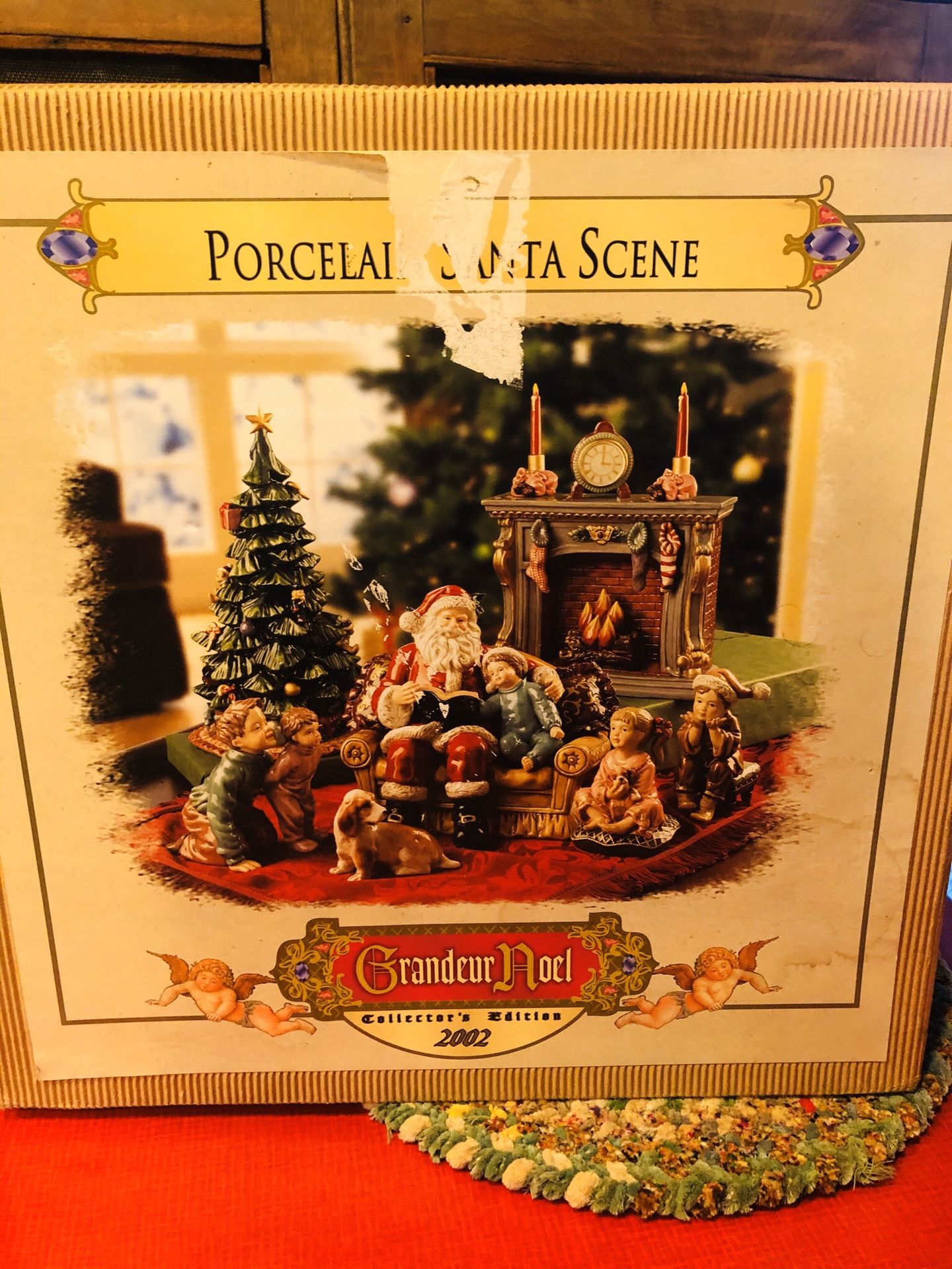 Grandeur Noel Porcelain Santa Claus Fireplace Scene Chimney Children Dog Pets