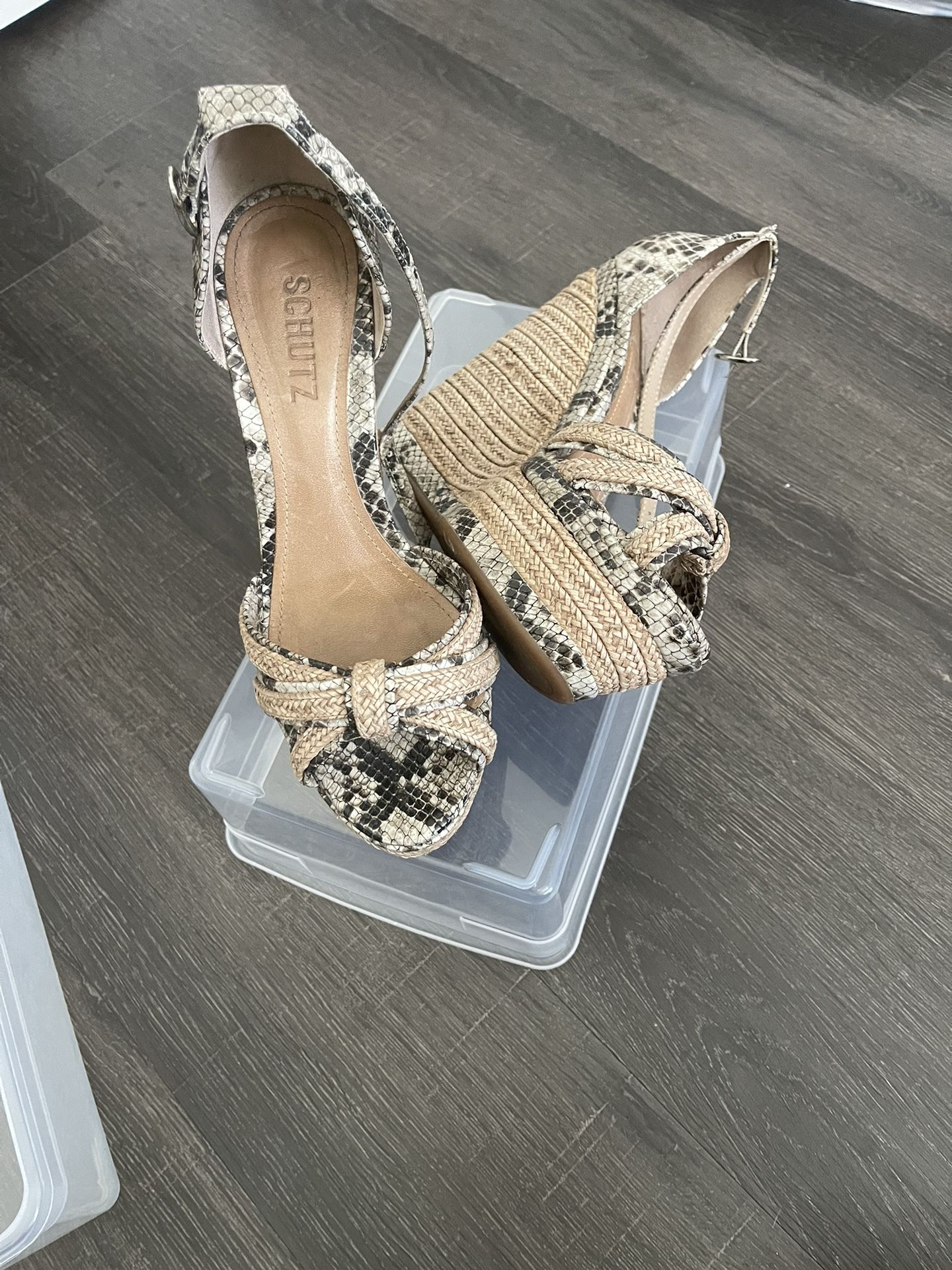 Schutz Snakeskin Embossed Leather Open Toe Platform Wedge