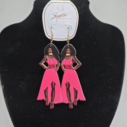 Women African Ebony Model Dangle Pierced Earrings Hot Pink Dress