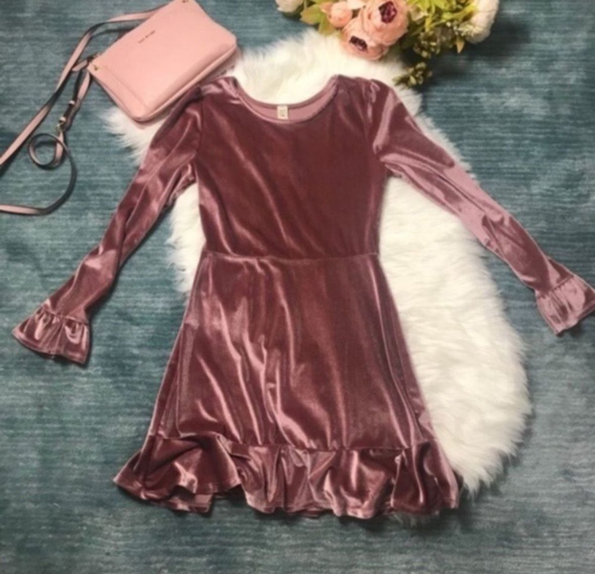 Lazy Sundays Bell Sleeve Pink Velvet Ruffle Dress