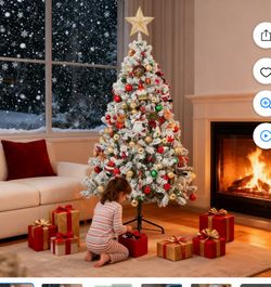 4.5ft Pre-Lit Holiday Christmas Pine Tree w/ Flocked Branches,  Multicolored Lights