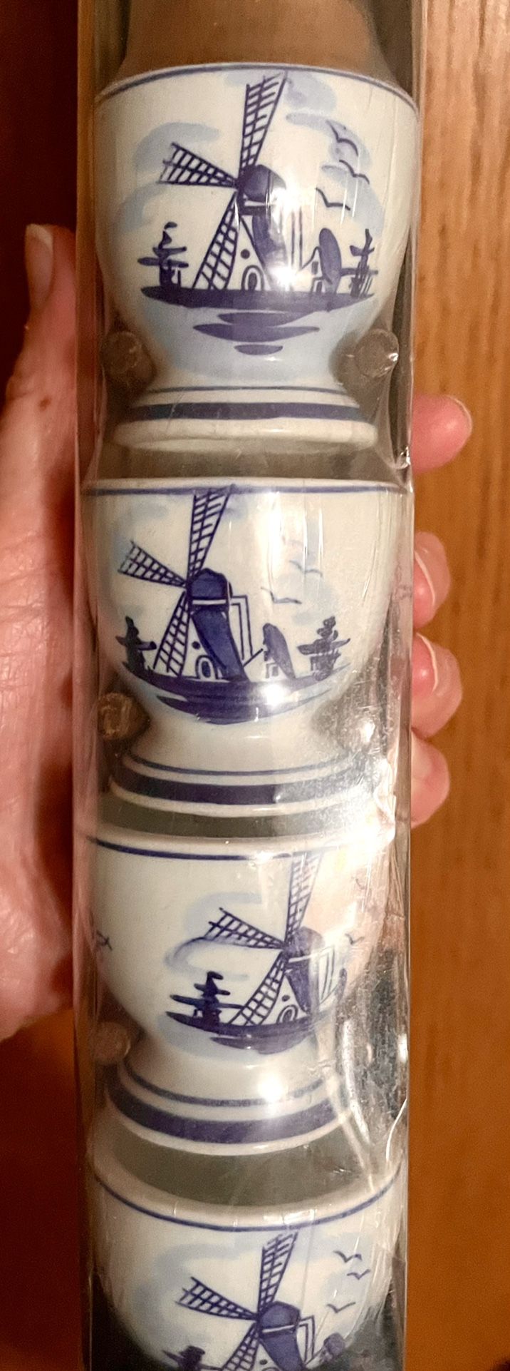 Vtg Set 4 Delft Blue Handpainted Egg Cups Holland Timer Windmill New Old Stock