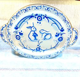 Blue and white bunny handpainted serving tray