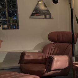 Mauve pink MCM vintage leather chair + ottoman