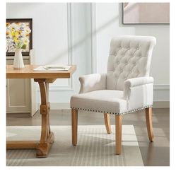 Fabric Dining Chair with Arms, Upholstered Tufted High Back Dining Room Chairs, Accent Armchair with Solid Wood Leg and Nailhead(DD8)