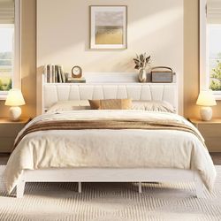 California King Bed Frames, Storage Headboard with Charging Station, Solid and Stable, Noise Free, No Box Spring Needed, Easy Assembly