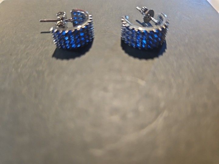 Macys Silver Plated Simulated Navy Blue Gemstone Half Hoop Earrings MRSP $135
