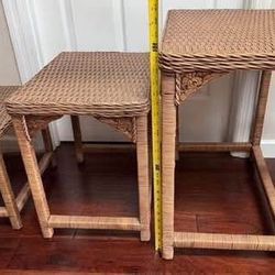 Vintage Set of Three Nesting Tables Woven Tops with Intricate Carved Design just $50