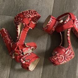 Red bandana print heels