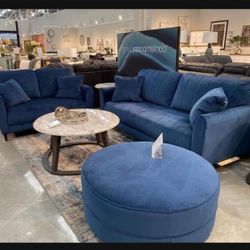 Blue Enerlin Loveseat Sofa And Ottoman💥 3 Pc Living Room Set Velvet🤩 Brand New✅ Financing Options 🫵