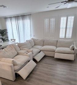 The Kennedy Cream Beige 6 Piece Power Reclining L-Shaped Modular Sectional With USB Retail Price at Living Spaces was $3800. Comes with 3 Reclining Ch