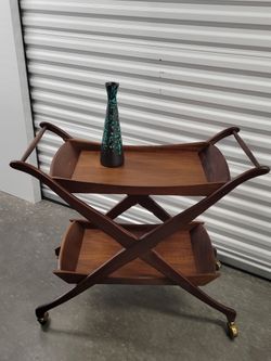 Danish MID CENTURY MODERN WALNUT BAR CART SERVER SASCHA BRASTOFF RARE VASE
