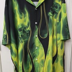 Men's 5xl Shirt Green Flames And Skulls