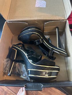 Black and Gold Platform Heeled Sandals