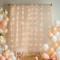 10x8ft Champagne Tulle Backdrop Curtain with Lights String for Parites, Sheer Backdrop Curtains for Wedding Baby Shower Birthday Party Photo Shoot Dec