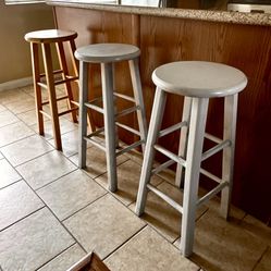 Wood Stools Two White & One Tan  (Set of Three)