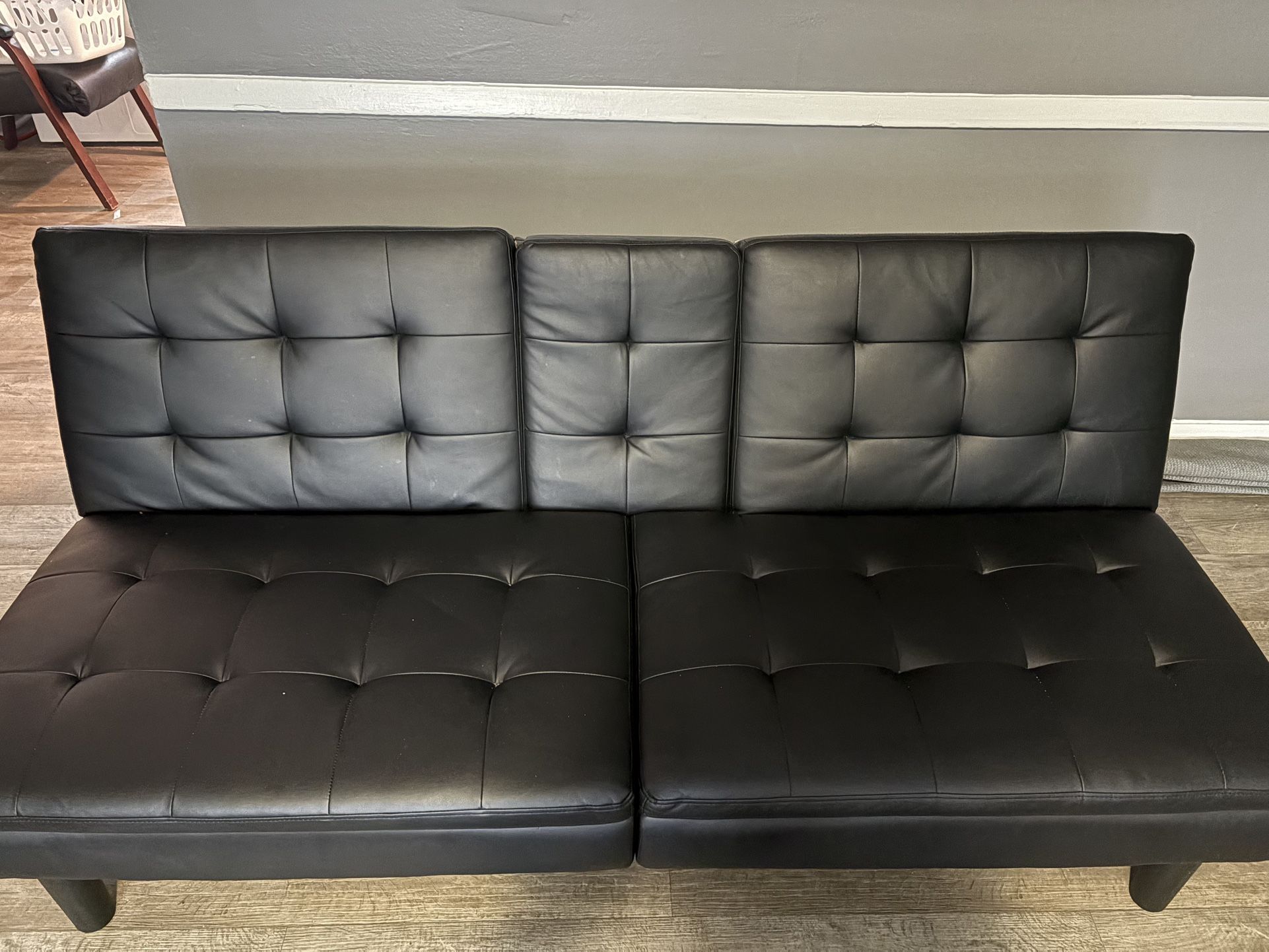 🖤 Black Faux Leather Futon Sofa w/ Built-In Charging Station