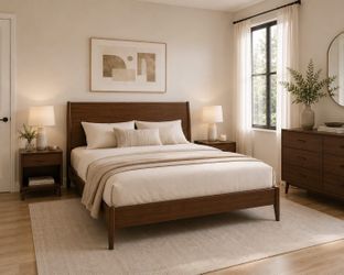 Queen bed Size Bamboo Sleigh Bed Frame Wood Platform Bed, Mid Century Modern Bed Frame with Tall Headboard, Solid Wooden Slat Support, No Box Spring N