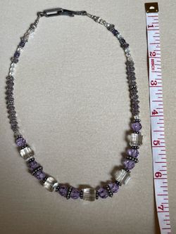 Purple Glass Beaded Necklace and 2 Dangle Earrings Set Sterling 925 Silver