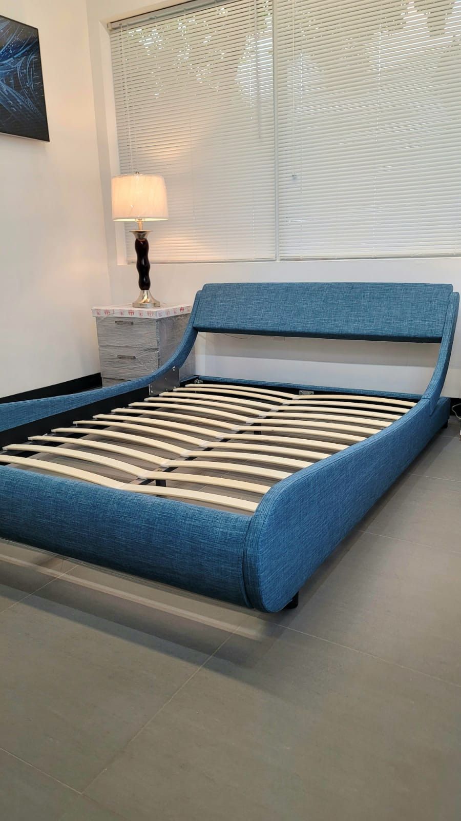 QUEEN upholstered platform bed frame come NEW IN BOX, mattress sold