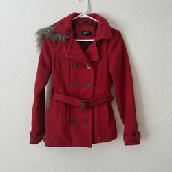 Rue 21 Red Double Breasted Hooded Belted Peacoat Size S