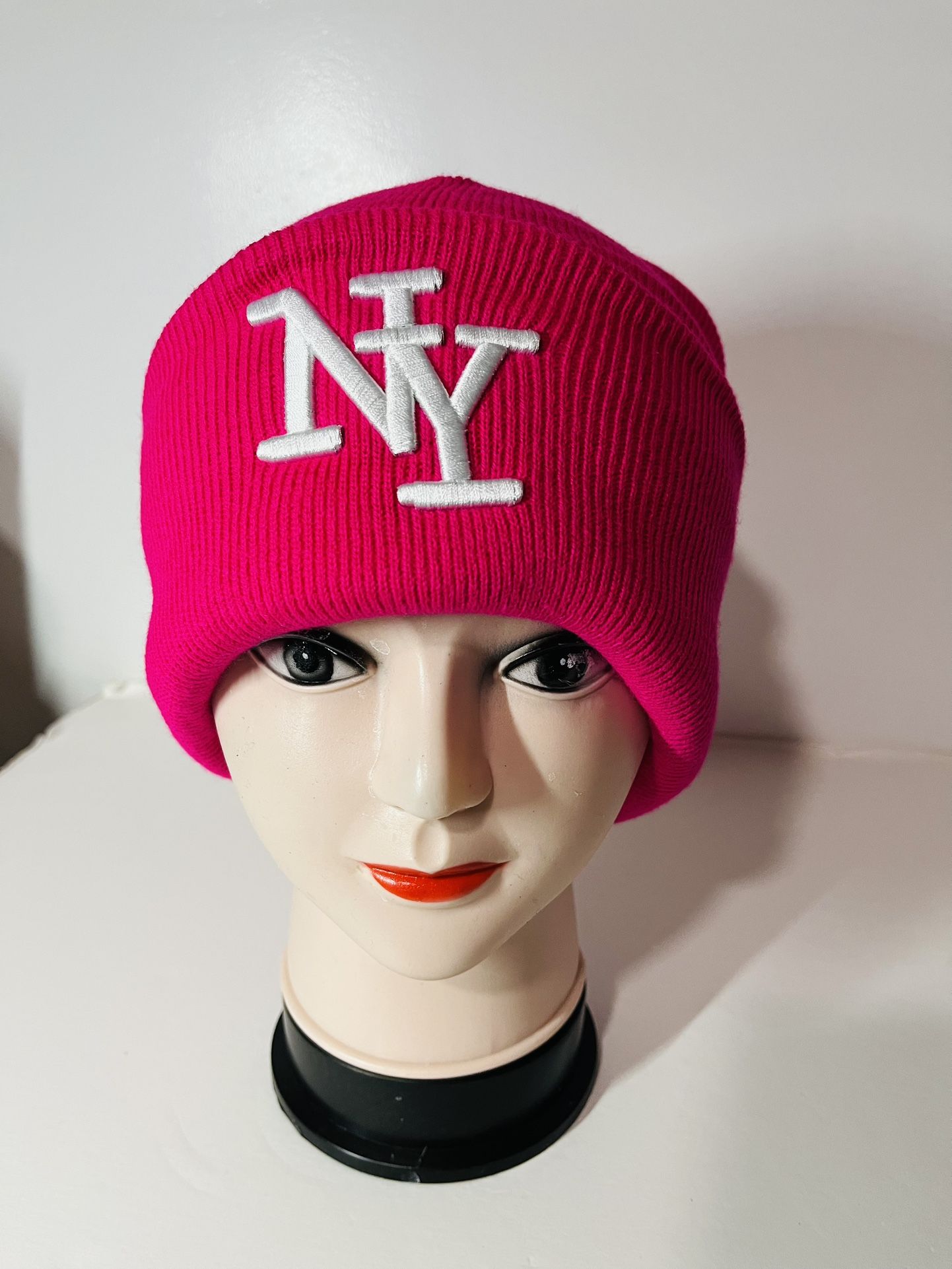 Embroidered NY Men Women Winter Knit Fur lined Beanie Hat - Fuchsia