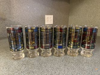 Vintage Black Label Beer Glasses, Stained Glass, Footed Tumblers by Carling, Pristine Condition, Set of 6