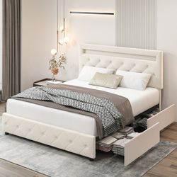 Full Size LED Bed Frame with 4 Storage Drawer, Velvet Upholstered Platform Bed with Adjustable Crystal Button Tufted Headboard