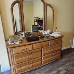 Solid Oak Dresser And Tri Mirror 