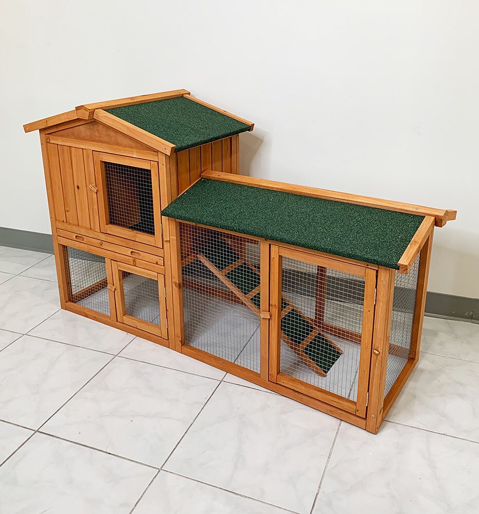 New $110 Wood Rabbit Hutch Pet Cage w/ Run Asphalt Roof Bunny Small Animal House 55”x20”x34”