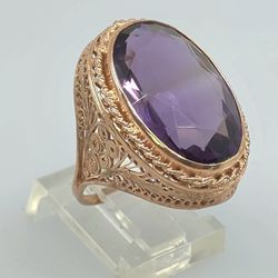 Vintage Antique 14k Rose Gold Large Size Natural Amethyst Filigree ring size 7