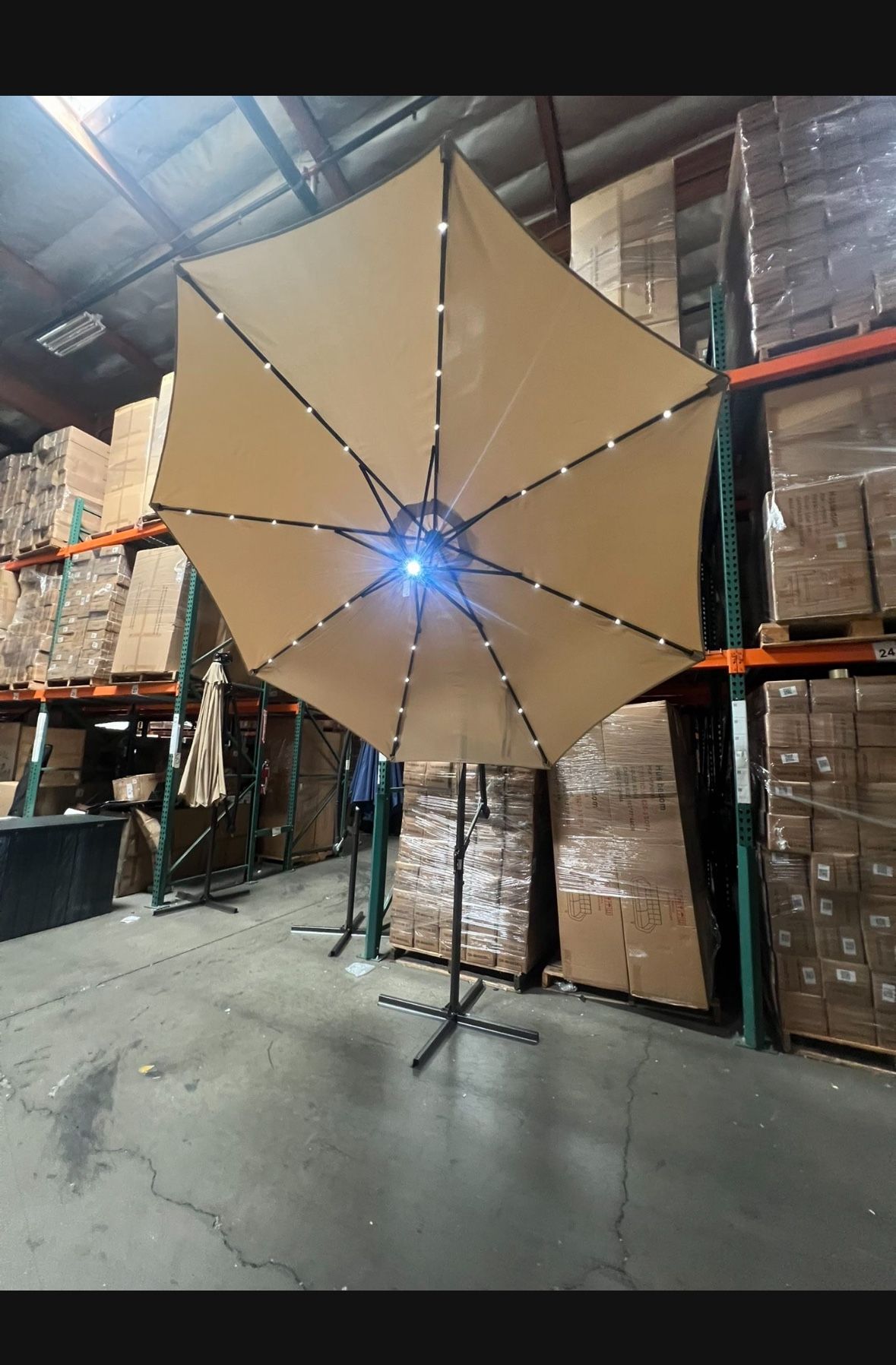 New In Box ft Offset Patio Umbrella with Solar Lights 32 LED +1 Spotlight. White & Warm Light Modes Heavy Duty Available In Khaki And Blue