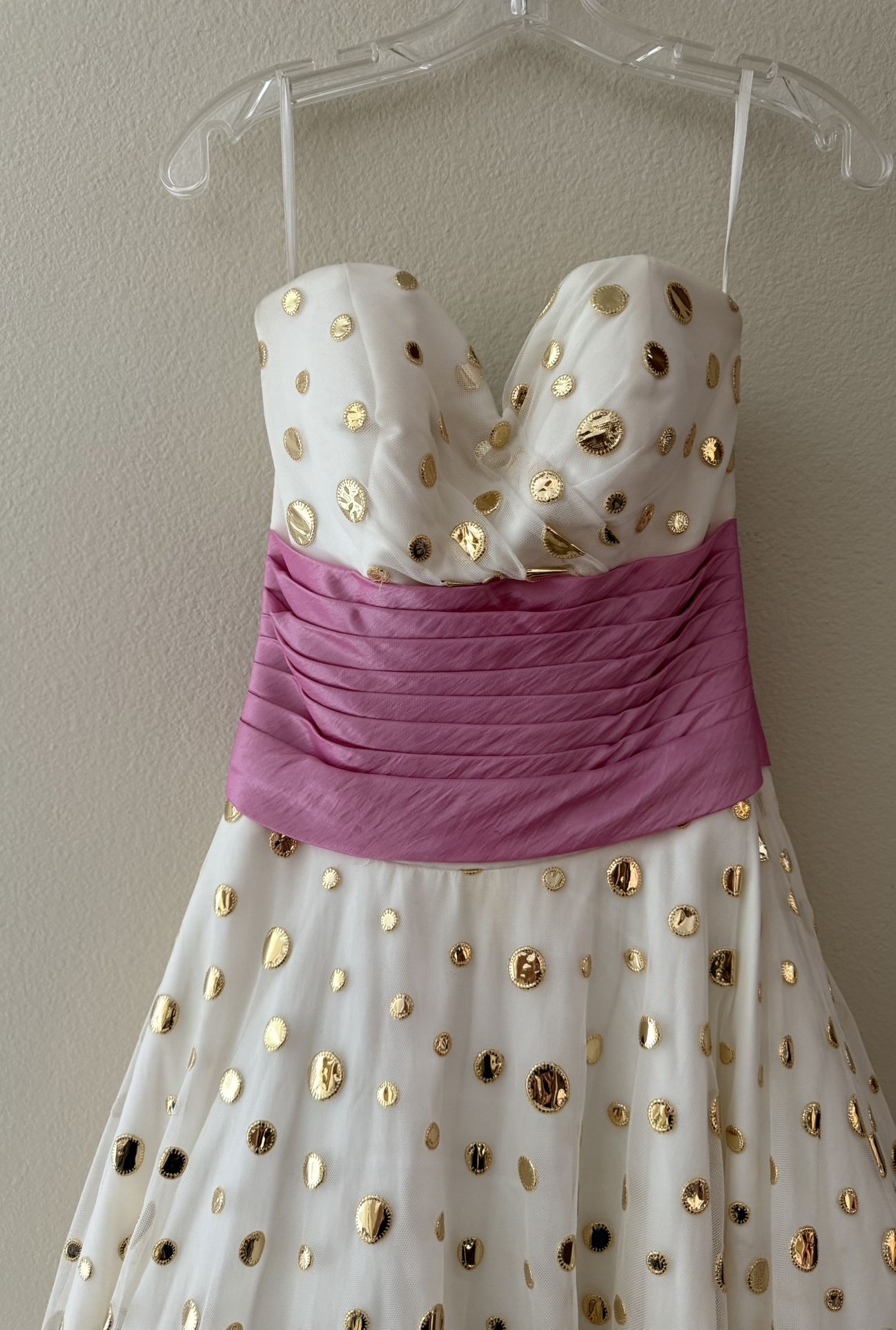 EVENINGS BY ALLURE PROM DRESS White with gold polka dots & pink sash sz 6
