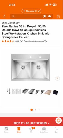 Shop Glacier Bay Zero Radius 33 in. Drop-In 50/50 Double Bowl 18 Gauge Stainless Steel Workstation Kitchen Sink with Spring Neck Faucet