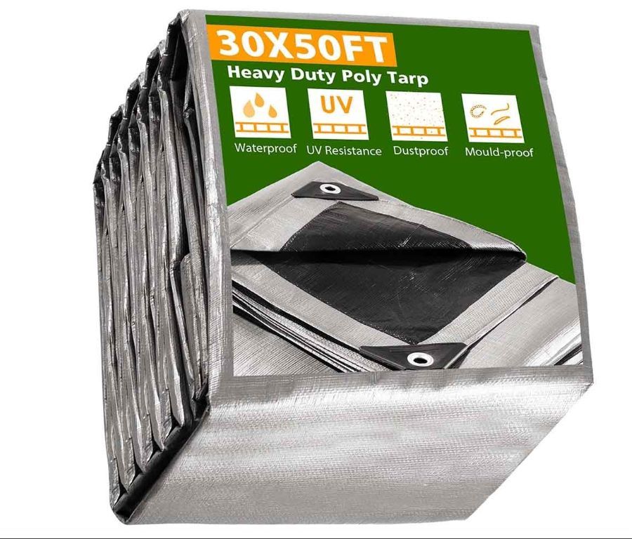 30'x50' Heavy-Duty Poly Tarp Reinforced Canopy, Silver - Weather Protection Cover - Halloween Sale