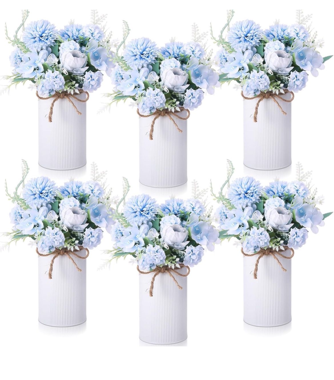 6 Sets Wedding Centerpiece for Table Decoration Light Blue Artificial Fake Rose Flower with Metal Vase Faux Silk Rose Bouquet Floral Arrangement