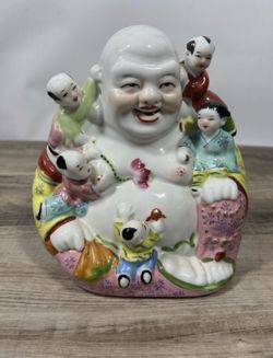 Chinese Laughing Buddha 5 Children Porcelain Figurine Statue Fertility Family