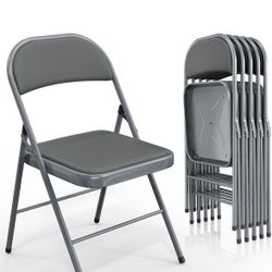 6 Pack Folding Chairs with Padded Seats, Metal Frame with Pu Leather Seat & Back, Gray