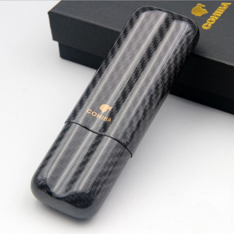 Cohiba Real Carbon Fiber  2 Tube Portable Travel Holder In Gift Box Fits Large Cigars