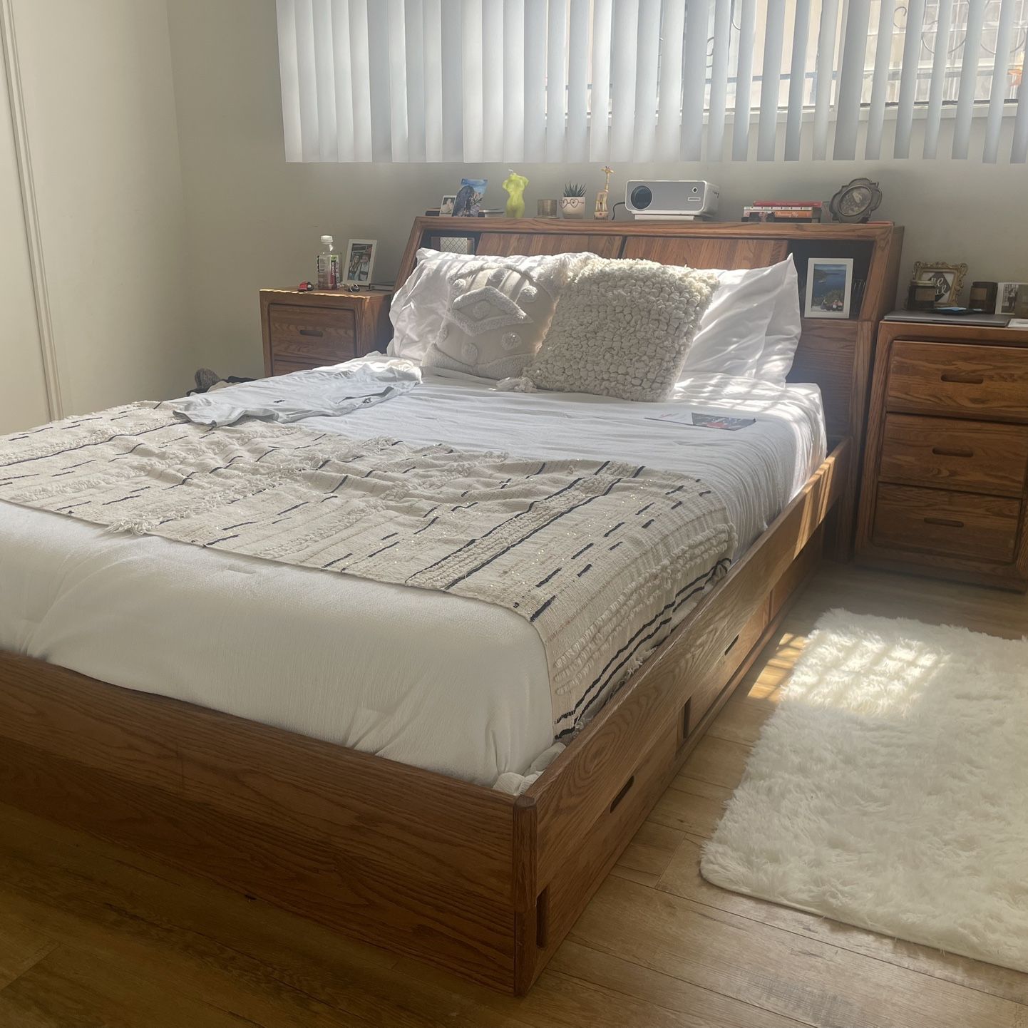 Queen Bed, 2 x Side Tables, Book Shelf