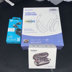 Sealed. Bluetooth Noise Cancelling Headphones And Two Sets Of Wireless Earbuds
