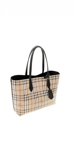 Authentic Burberry Medium Tote Heymarket Reversible House Check Black Leather