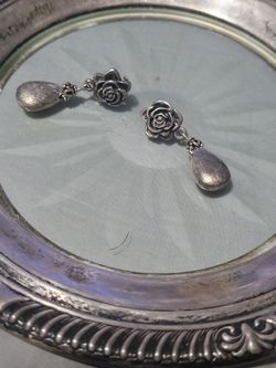 Silver Rose Drop Dangle Earrings