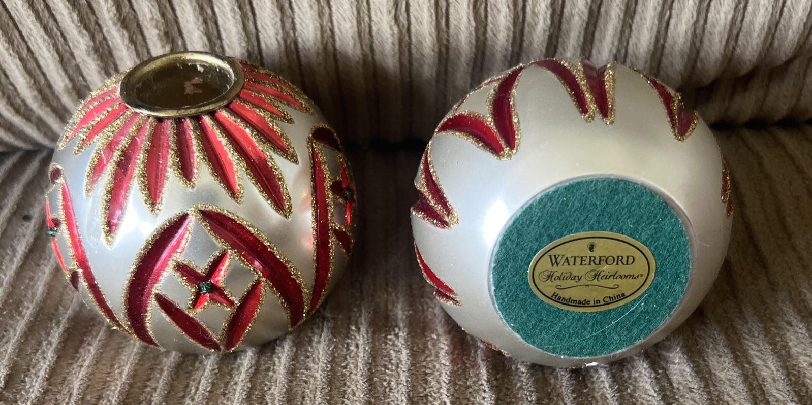 WATERFORD Cashel Candlesticks Red Green on SILVER TONE HOLIDAY HEIRLOOM SERIES