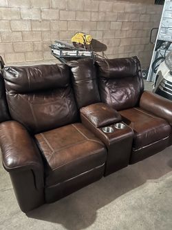 Brown Leather Reclining Loveseat with Console
